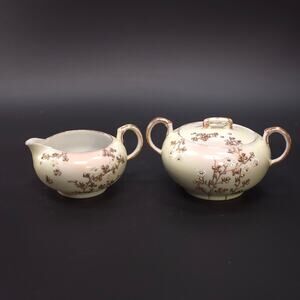 MCM Japanese Porcelain Embossed Floral Design Sugar & Creamer Set Gold Trim